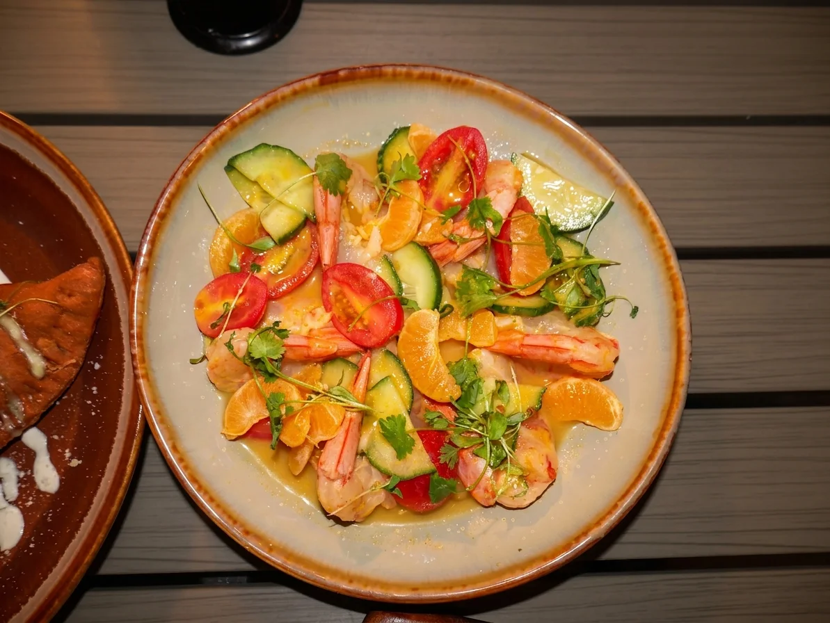 Aguachile Casa Tequila — shrimp cured in lime-tangerine-habanero sauce with cherry tomatoes, cucumber, and cilantro